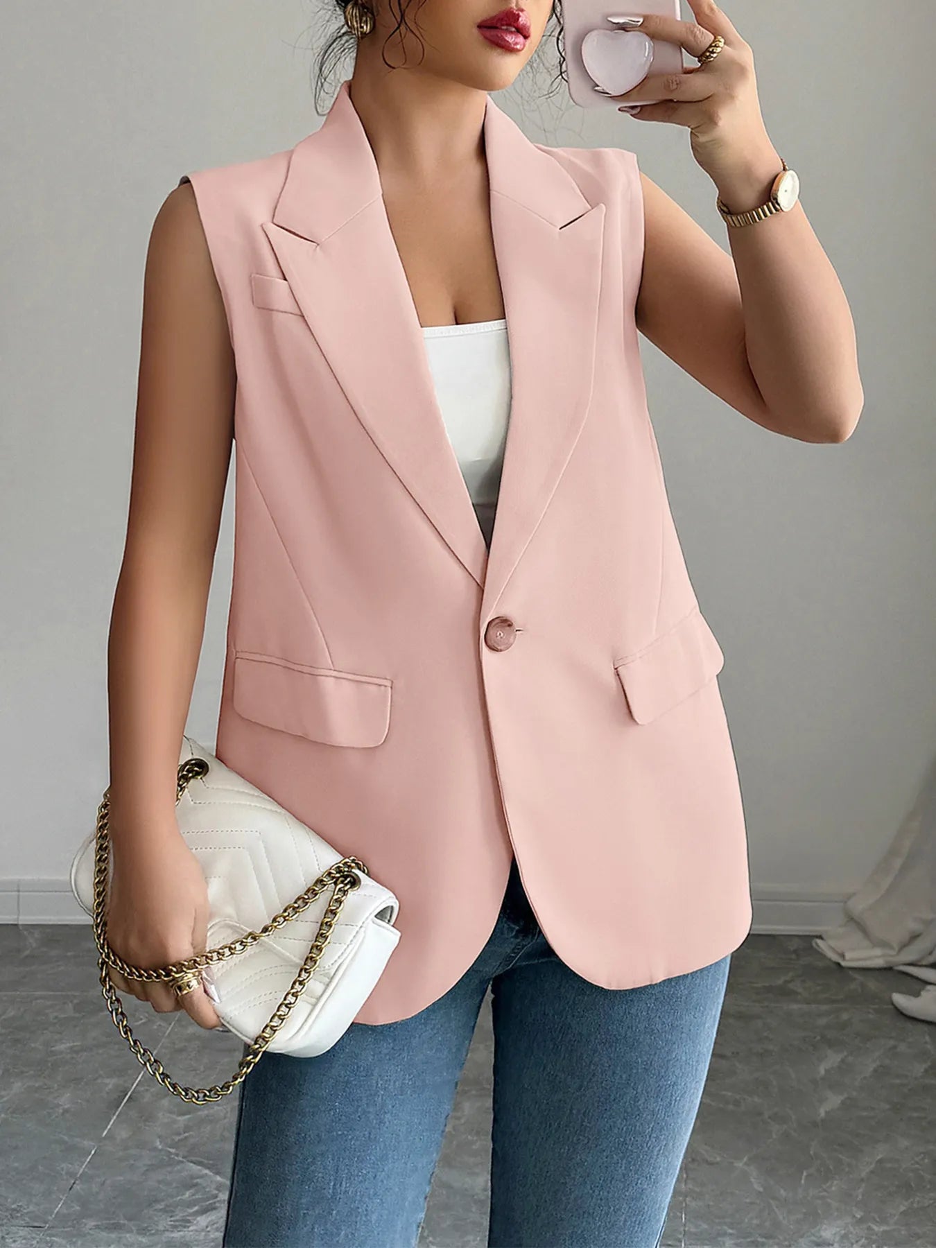 One Button V-Neck Blazer Vest Coat - Fashorio
