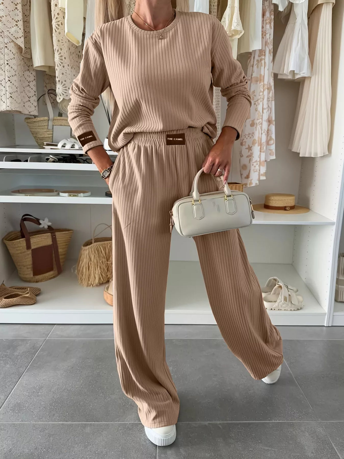 Coordinated ribbed top and pants outfit