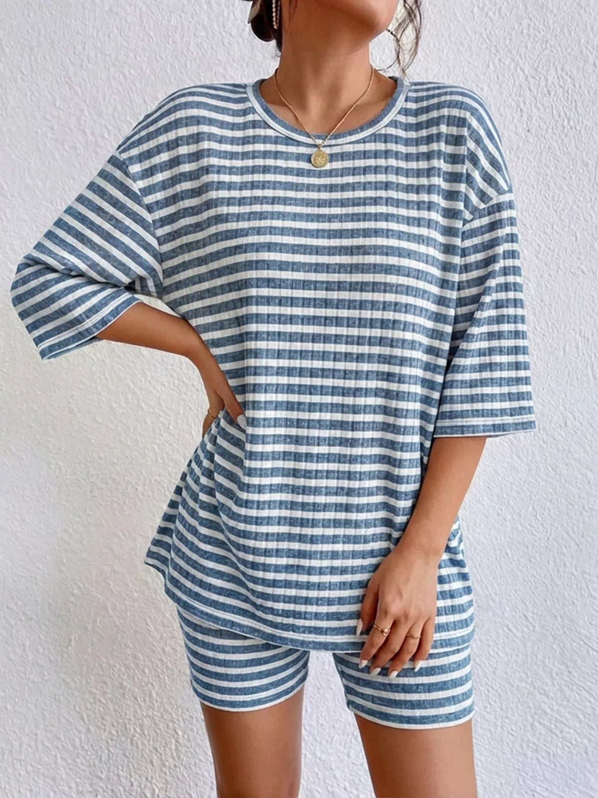 Striped Round Neck Top and Shorts Set, view 12
