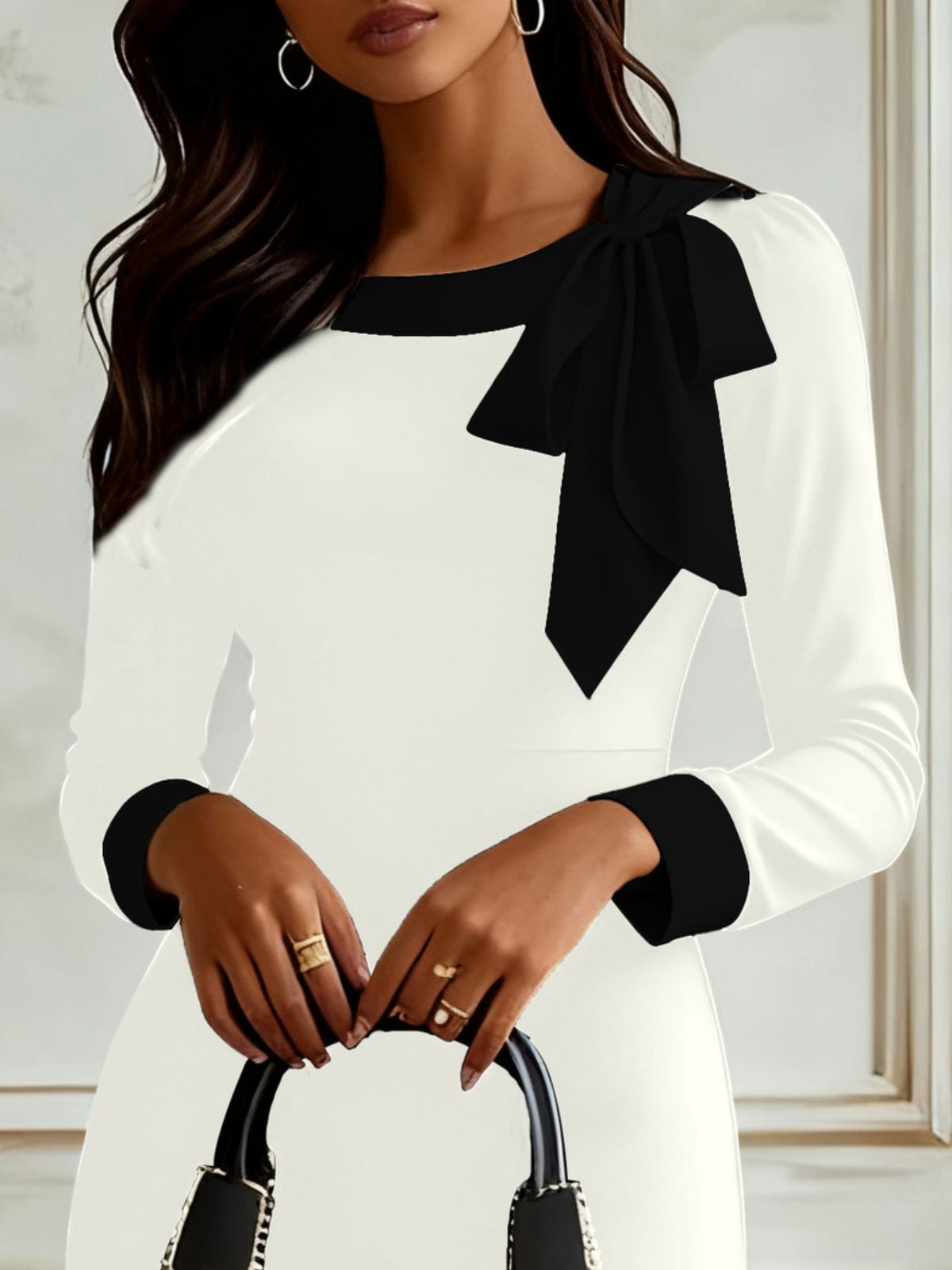 Bowknot Contrast Trim Long Sleeve Dress bowknot detail