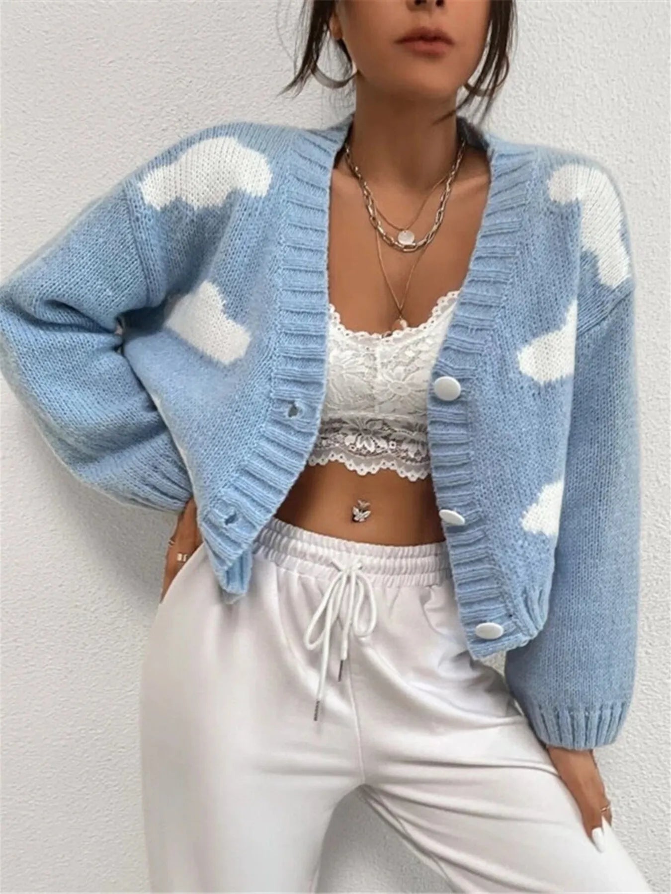 Contrast Cloud Pattern Cropped Button-Up Cardigan - Fashorio