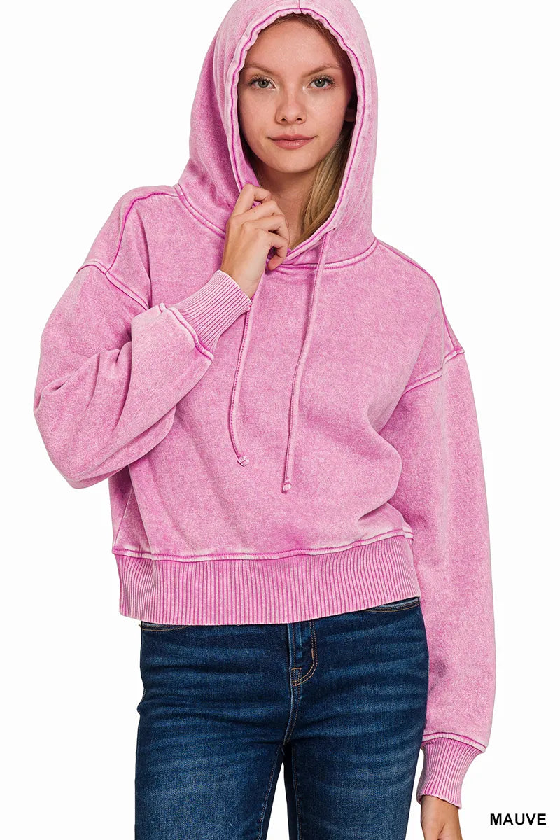 Zenana Acid Wash Fleece Drawstring Cropped Hoodie - Fashorio