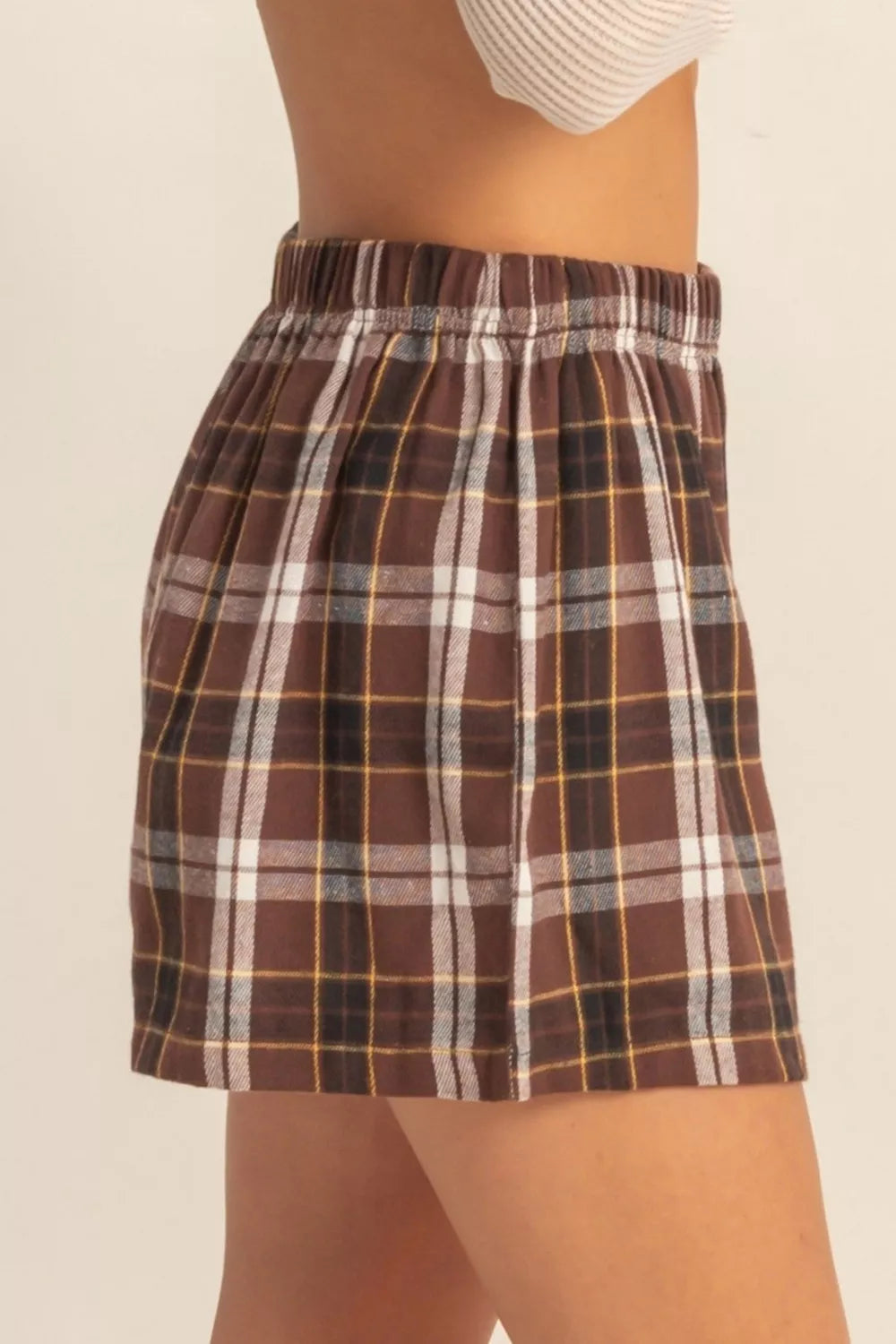 Burgundy check shorts side view