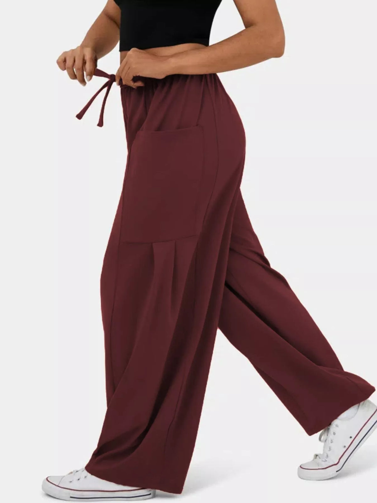 High waisted wide leg drawstring pants side view