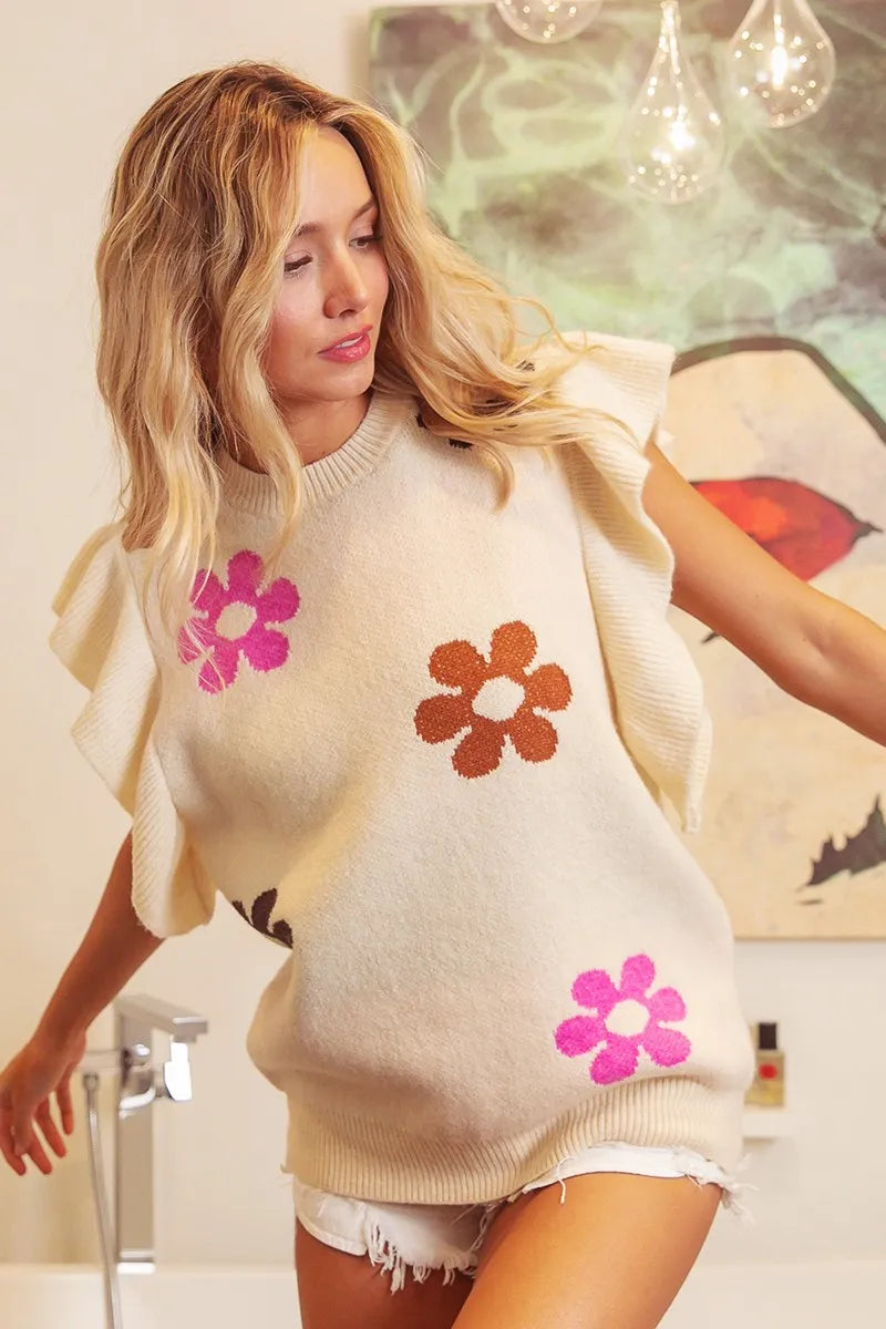 Floral Print Ruffled Sleeve Knit Top, view 10