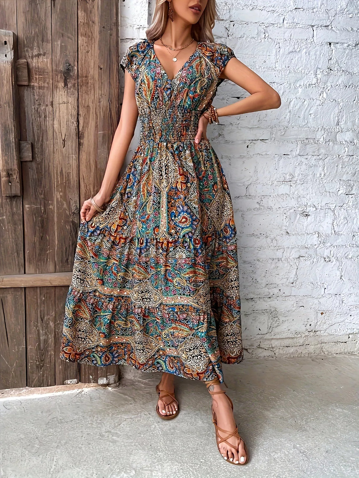 Paisley print cap sleeve tiered maxi dress front view