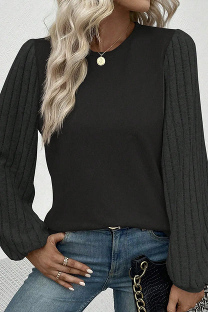 Ribbed Round Neck Long Sleeve Knit Top Black - Fashorio