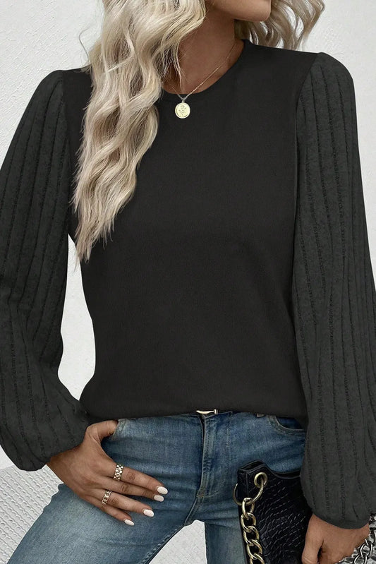 Ribbed Round Neck Long Sleeve Knit Top Black - Fashorio