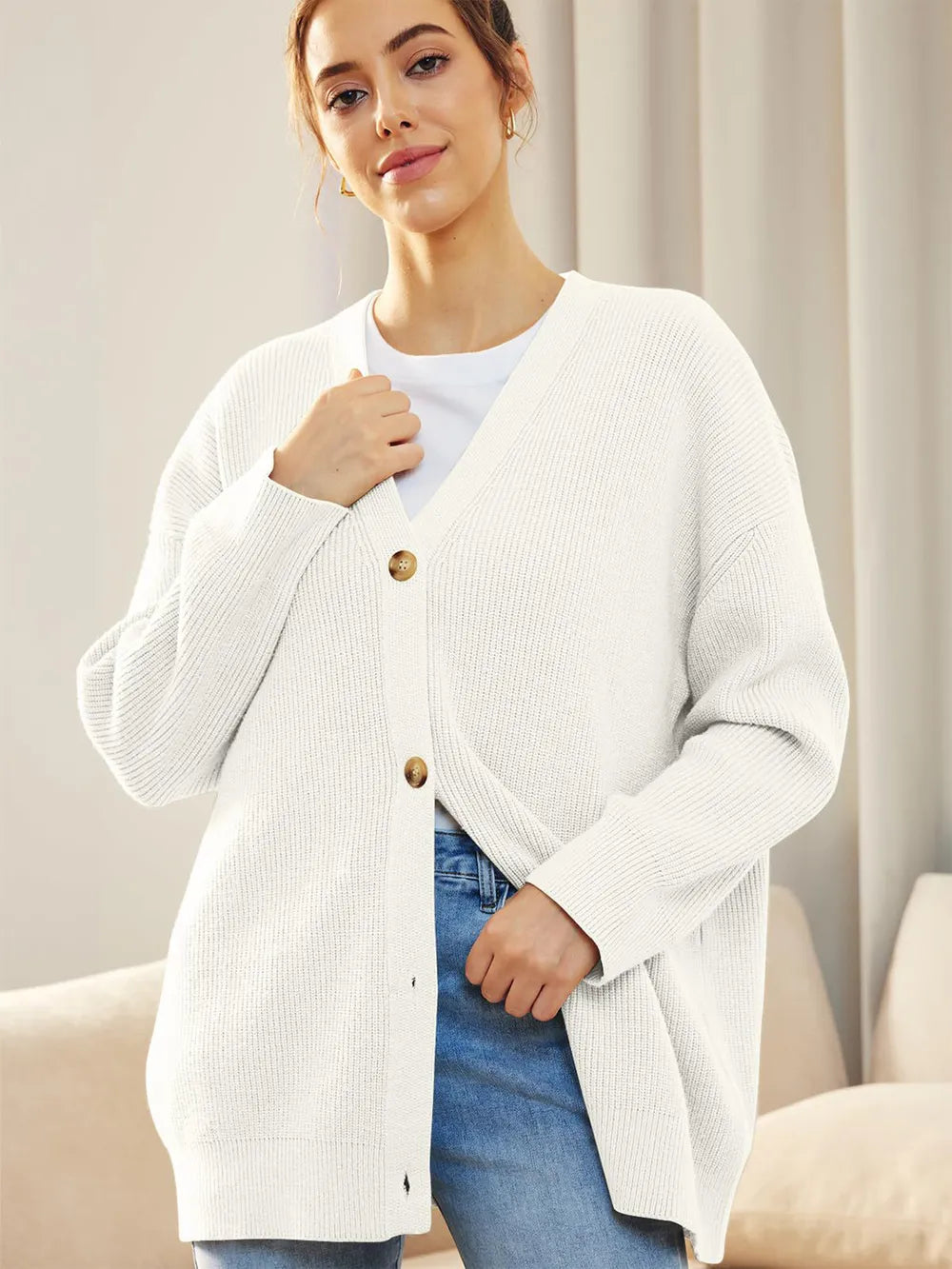 Button Down V-Neck Long Sleeve Cardigan White - Fashorio