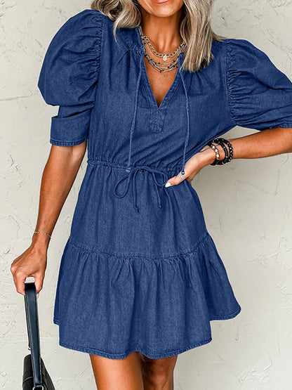 Drawstring High Waist Puff Sleeve Denim Mini Dress - Fashorio