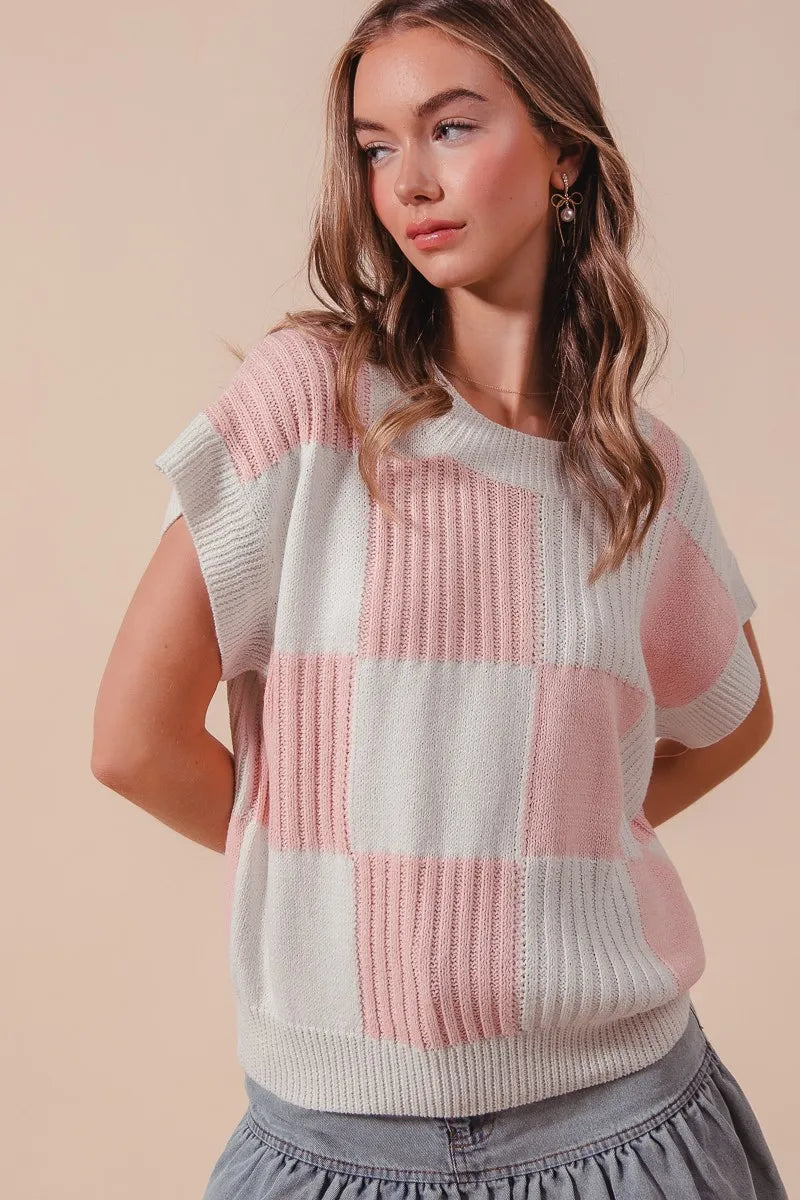 Check Plaid Casual Sweater Top in Dusty Pink back view
