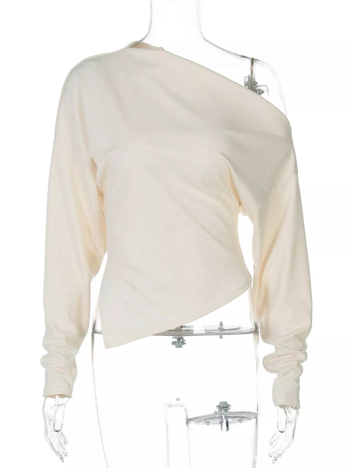 Black off shoulder tee shown on a model, front view