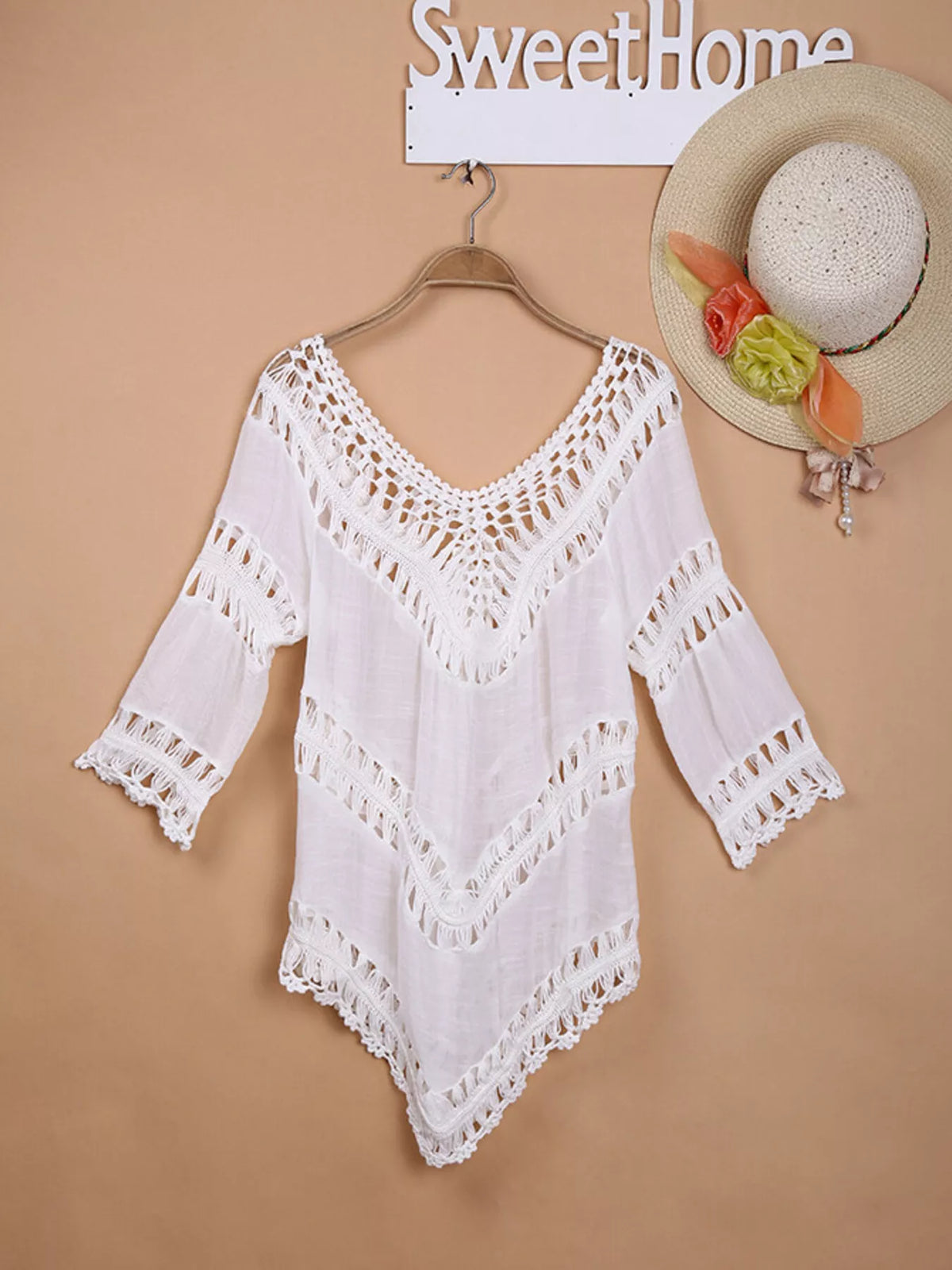 Cutout detail on crochet trim cover up