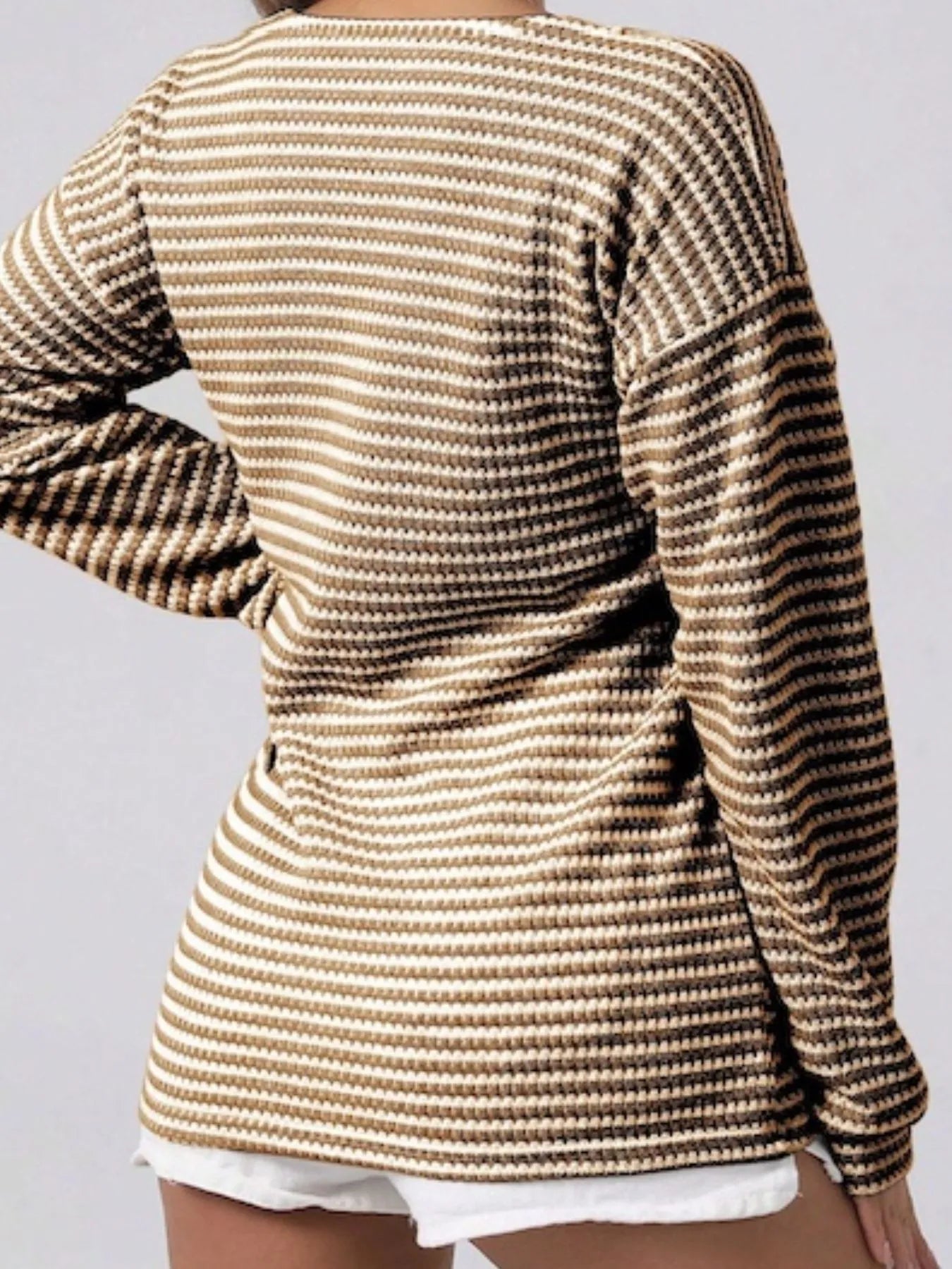 Striped Button Detail Long Sleeve Top - Fashorio