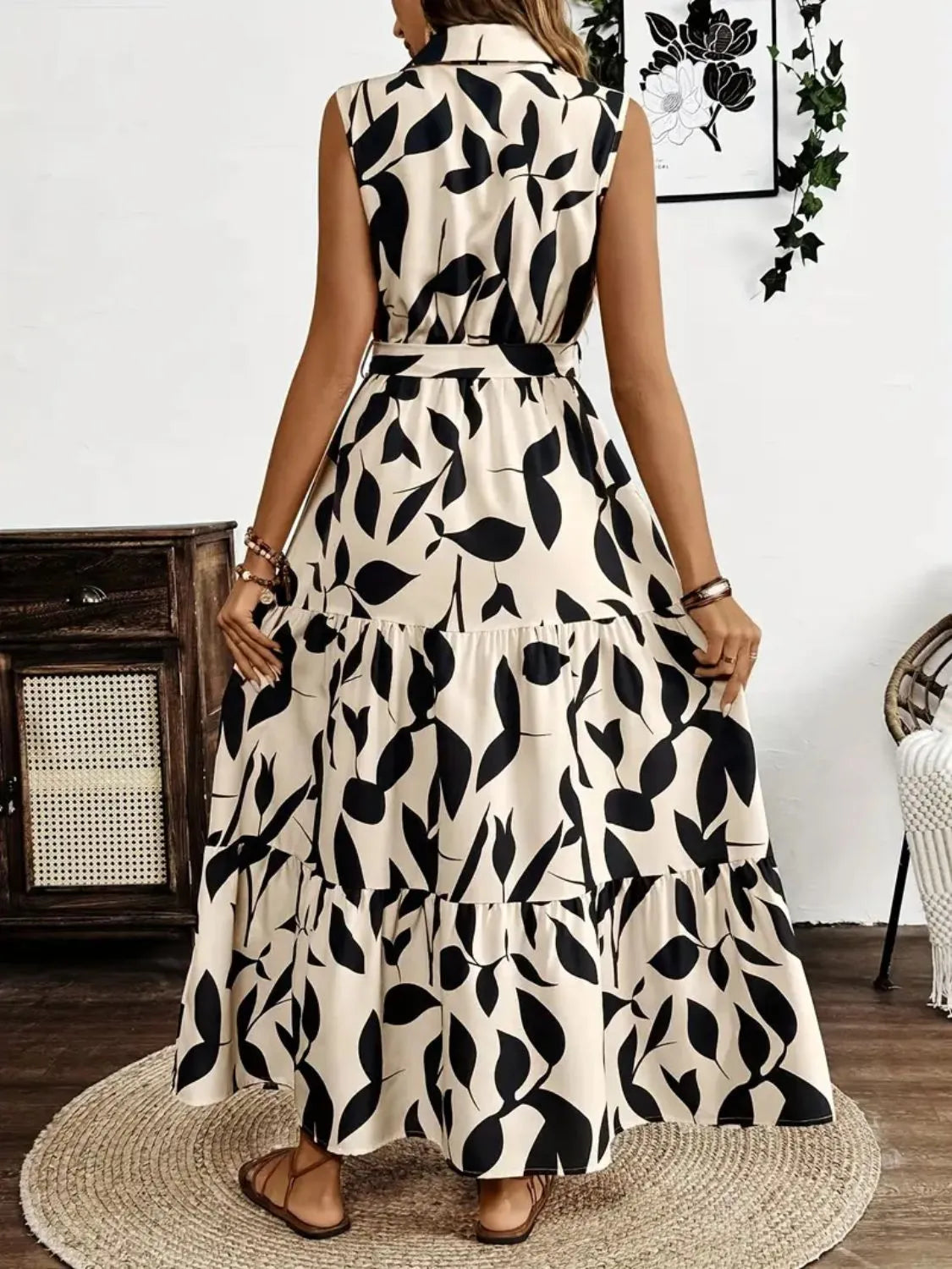 Printed tie waist sleeveless maxi dress with buttons side view