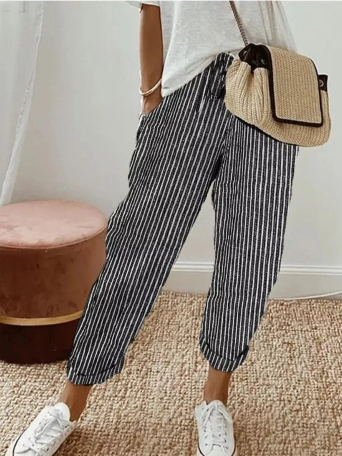 Striped drawstring cropped pants front view