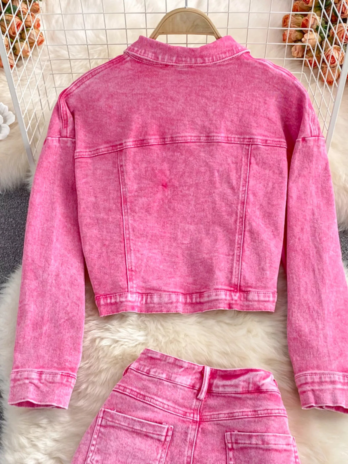 Pink denim coordinated set full outfit
