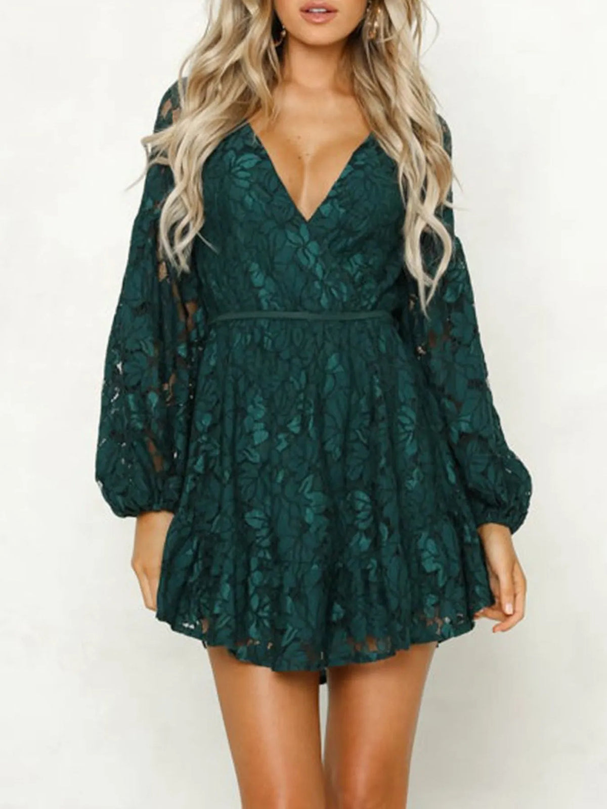 Lace V neck long sleeve mini dress front view in dark green