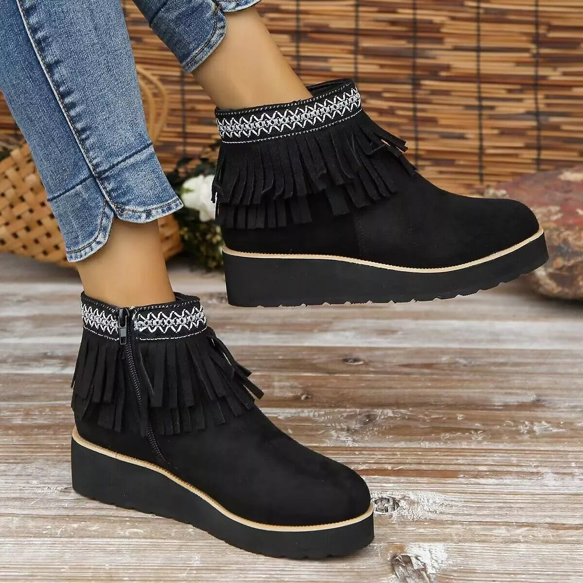 Fringe round toe ankle boots back view