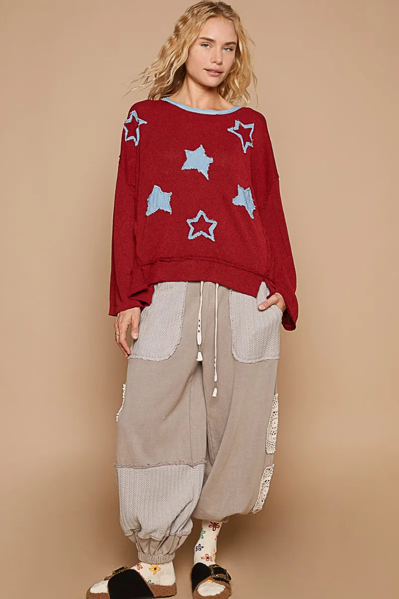 POL Exposed Seam Relaxed Fit Sweater with Star Denim Patch - Fashorio