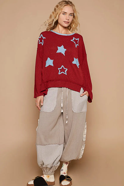 POL Exposed Seam Relaxed Fit Sweater with Star Denim Patch - Fashorio