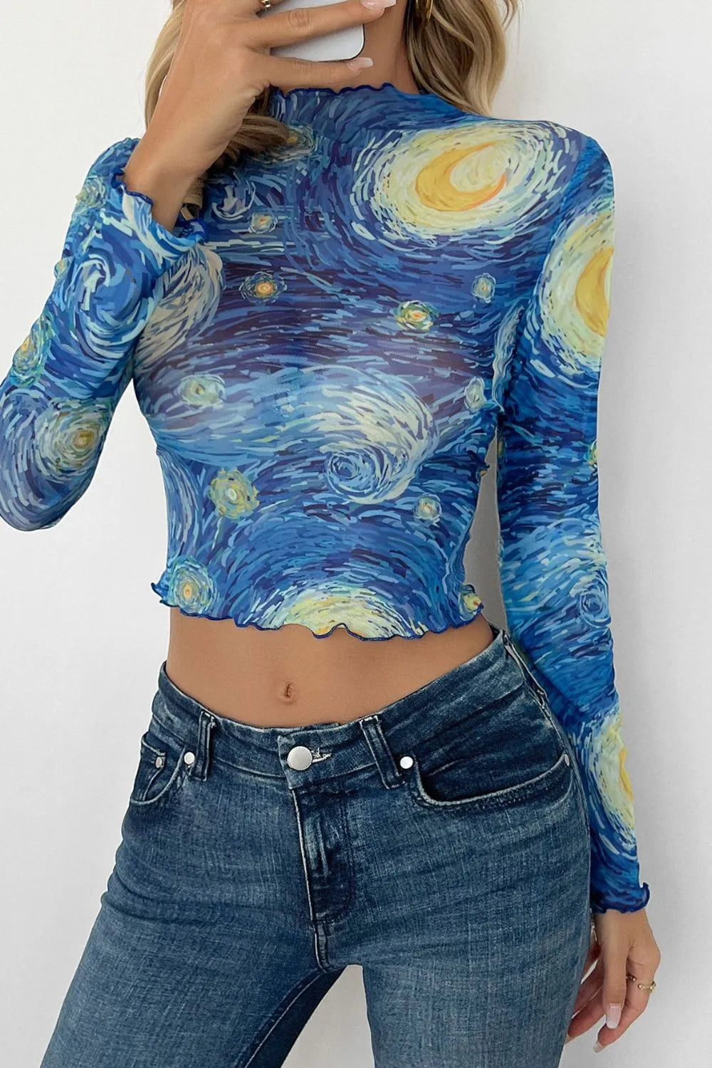 Sheer mesh long sleeve crop top side view