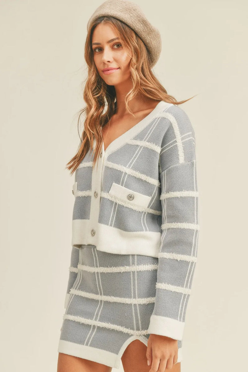 dusty blue plaid cardigan and mini skirt set front view