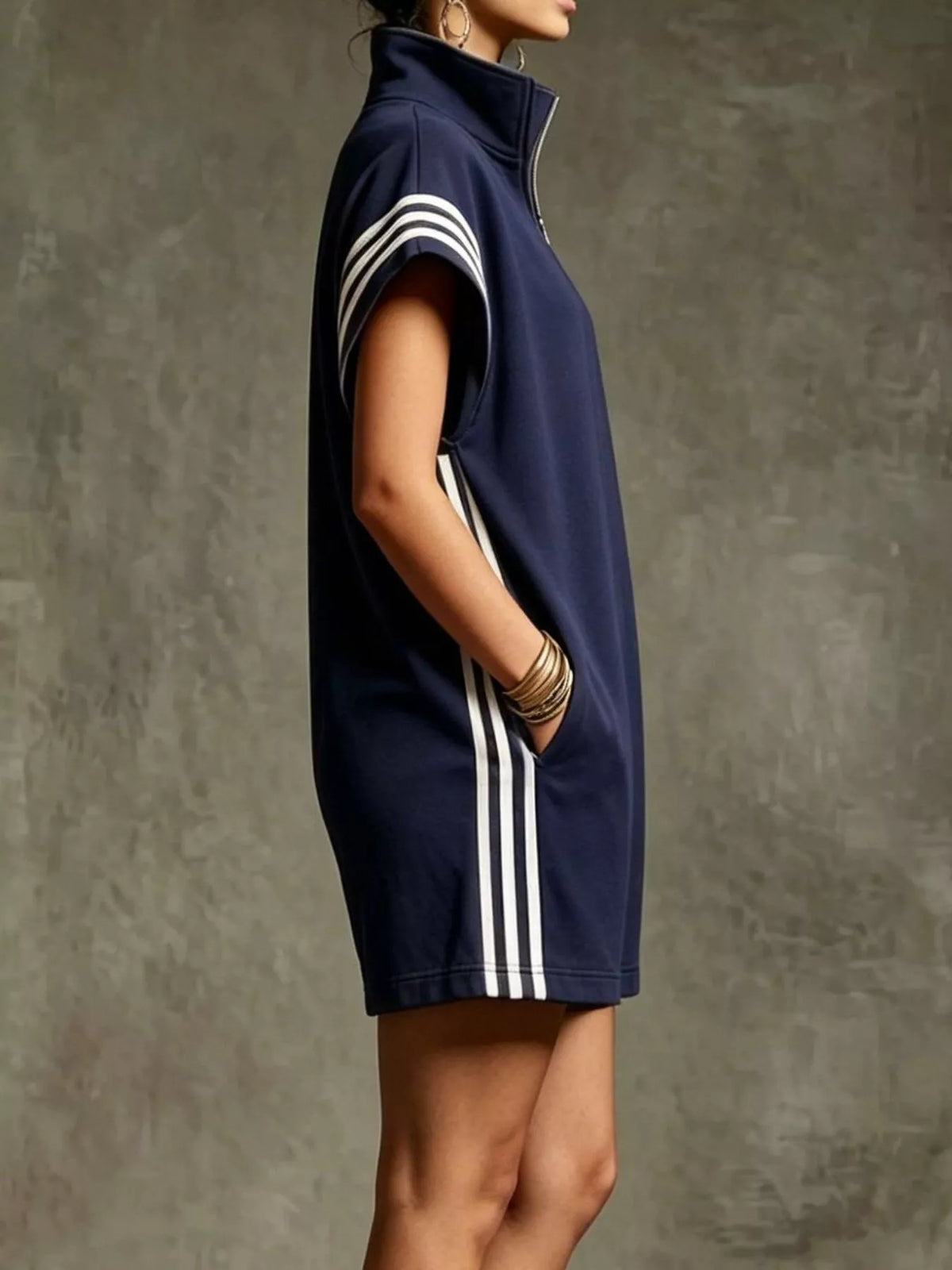 Striped zip front short sleeve romper side view