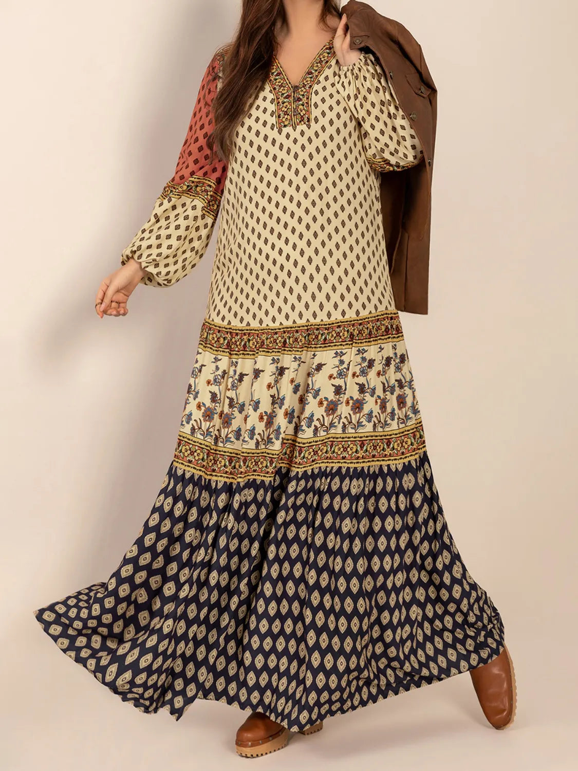 Printed V neck balloon sleeve maxi dress in khaki styled look