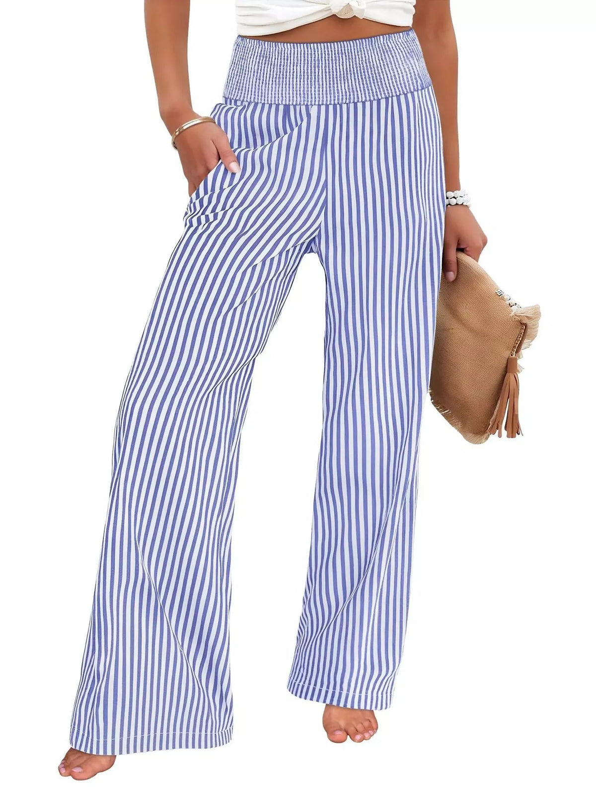 Striped smocked waist wide leg pants full length view