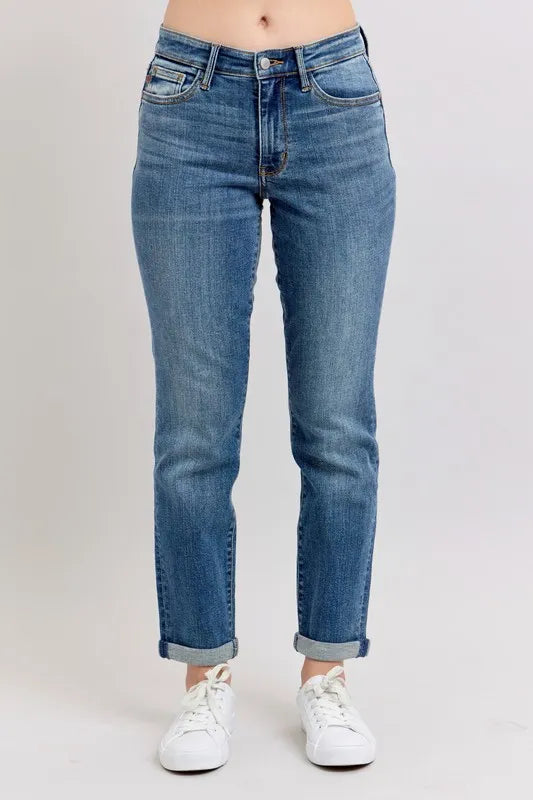 Judy Blue Mid Rise Skinny Cuff Jeans with Pockets