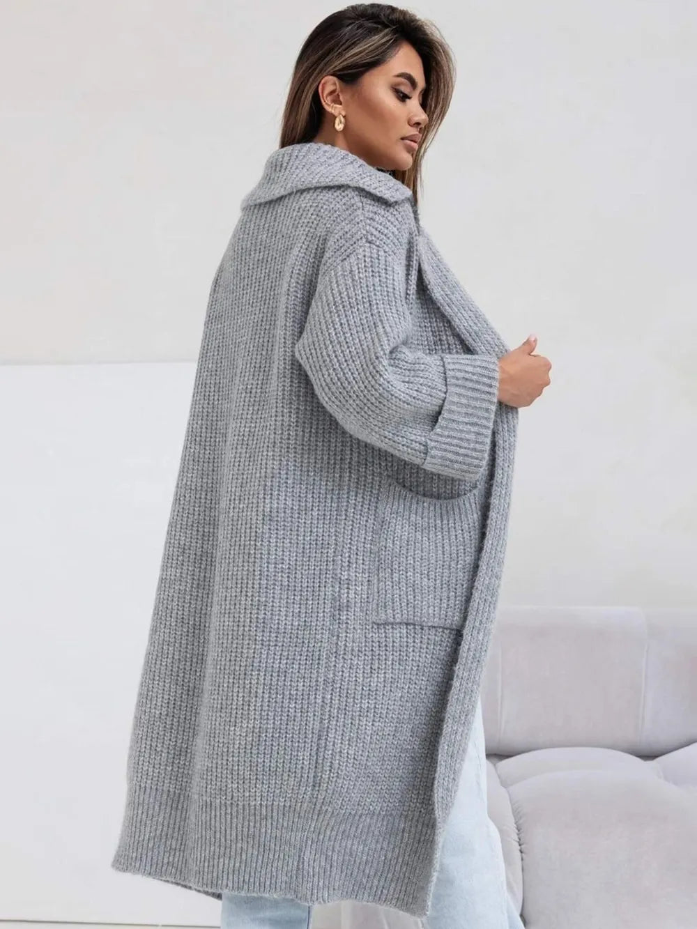 Pocketed Collared Neck Dropped Shoulder Cardigan - Fashorio