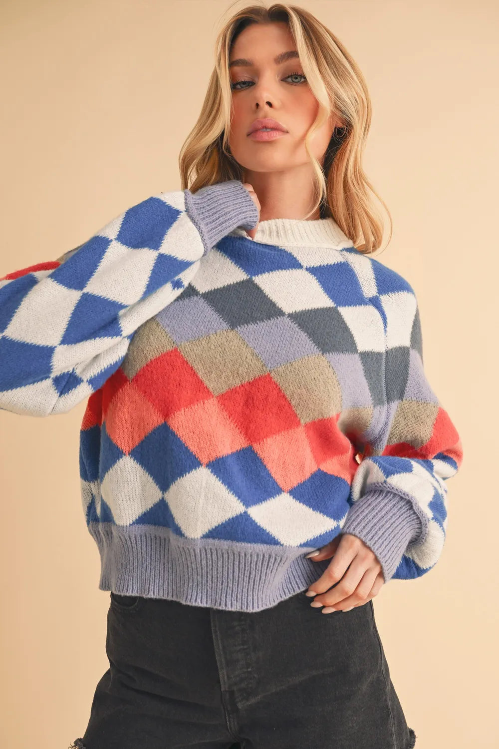 Blue diamond mock neck raglan sleeve sweater front view
