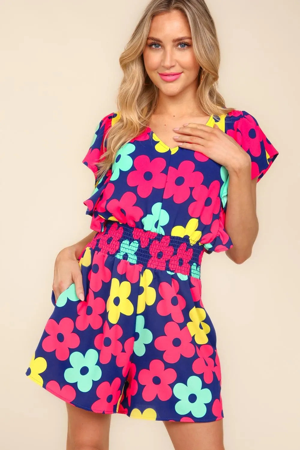 Floral Smocked Waist Romper with Side Pockets detail