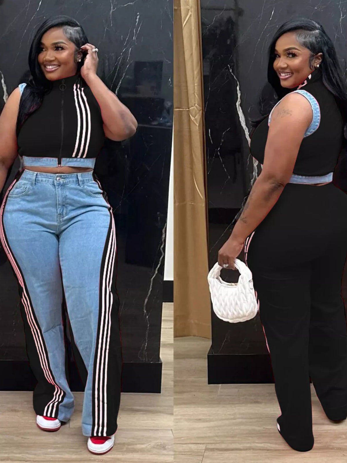 Zip Front Crop Top and Striped Pants Set, view 17