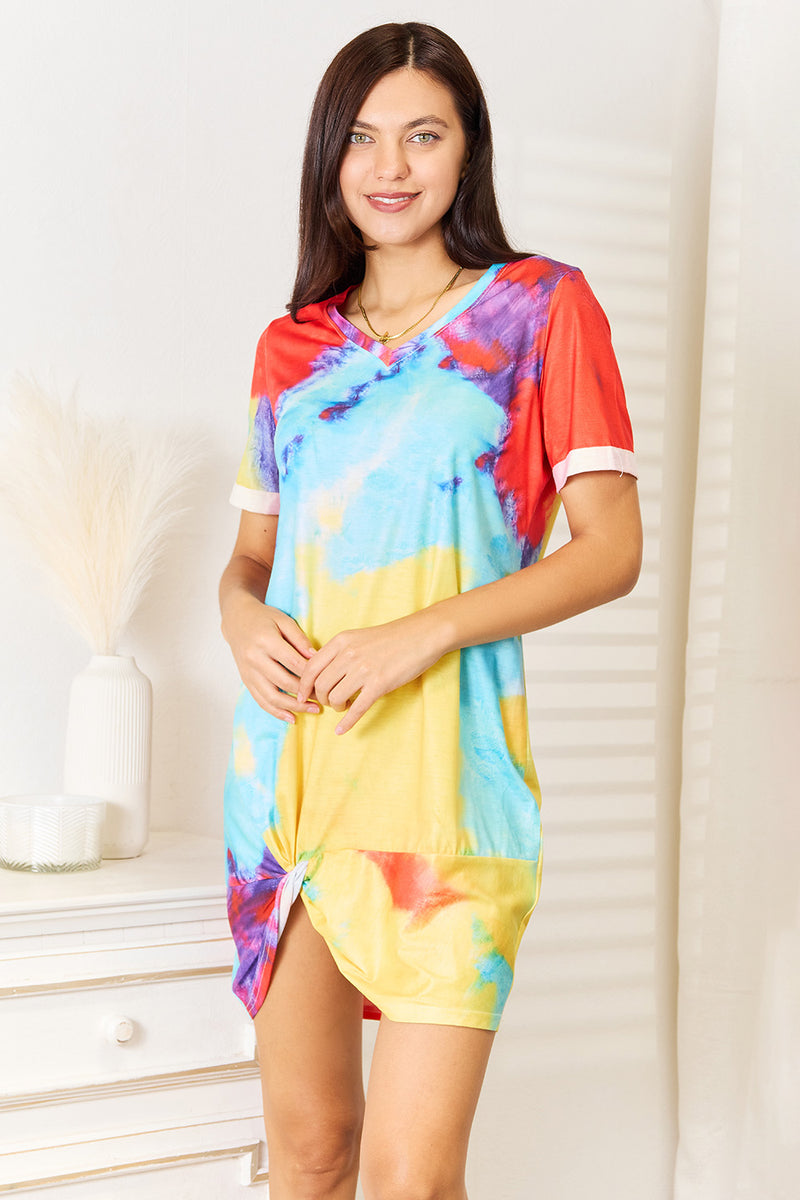 Shiny Tie Dye V Neck Twisted Dress