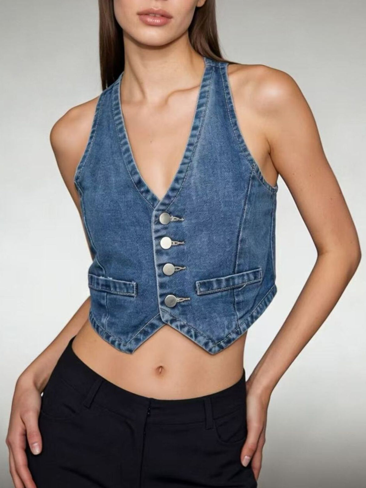 Button Down Denim Vest in Light Blue view 13