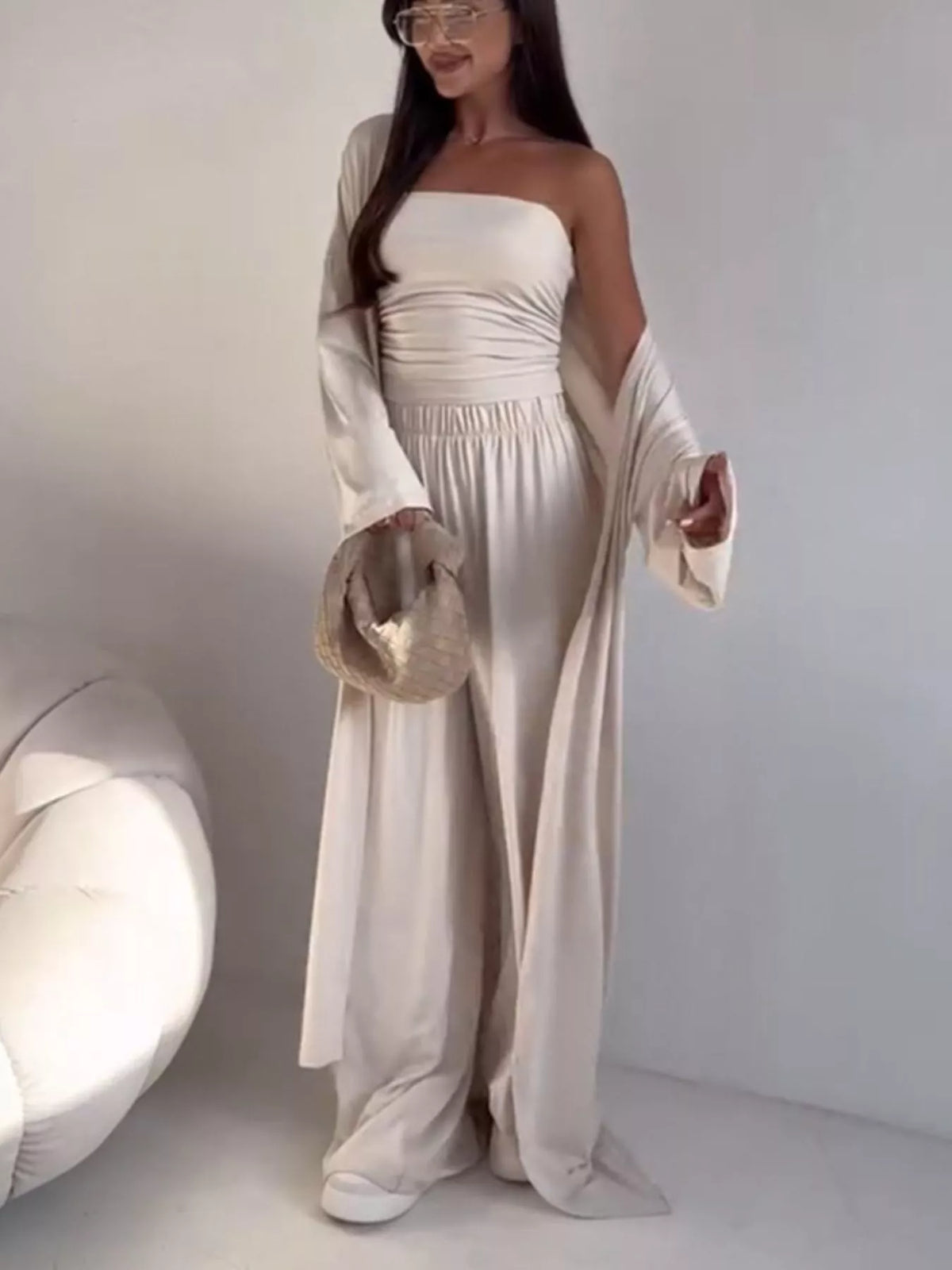 Tube Top Cardigan and Wide Leg Pants 3 Piece Set, view 12