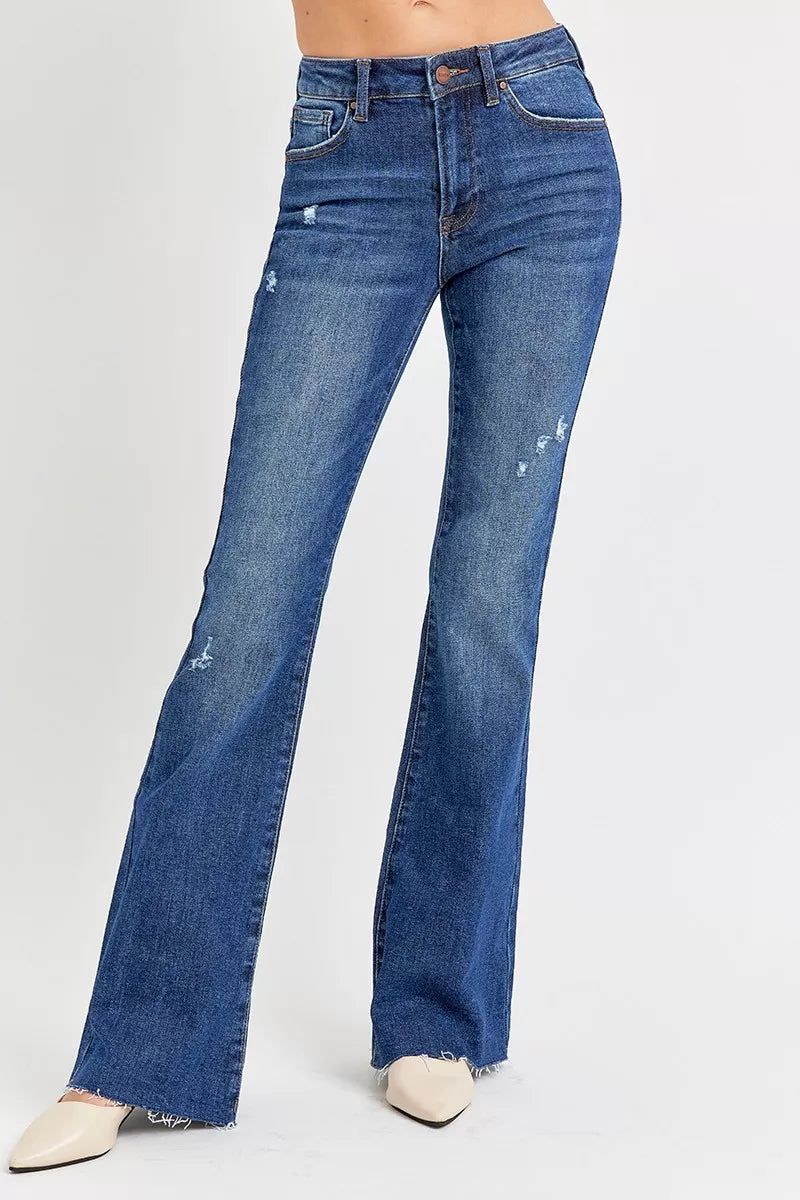 RISEN distressed mid rise flare jeans front view
