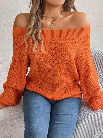 Openwork Off-Shoulder Long Sleeve Sweater - Fashorio