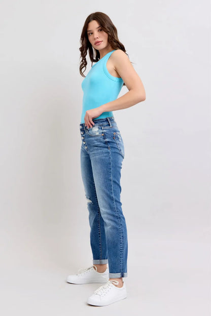 Judy Blue Full Size Button Fly Distressed Jeans with Pockets Plus Size - Fashorio