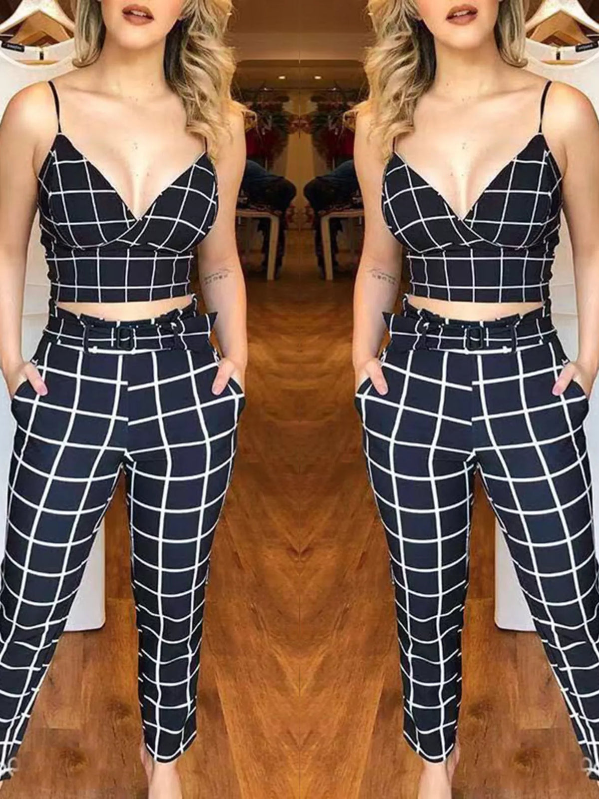 Coordinated grid print crop top and pants outfit