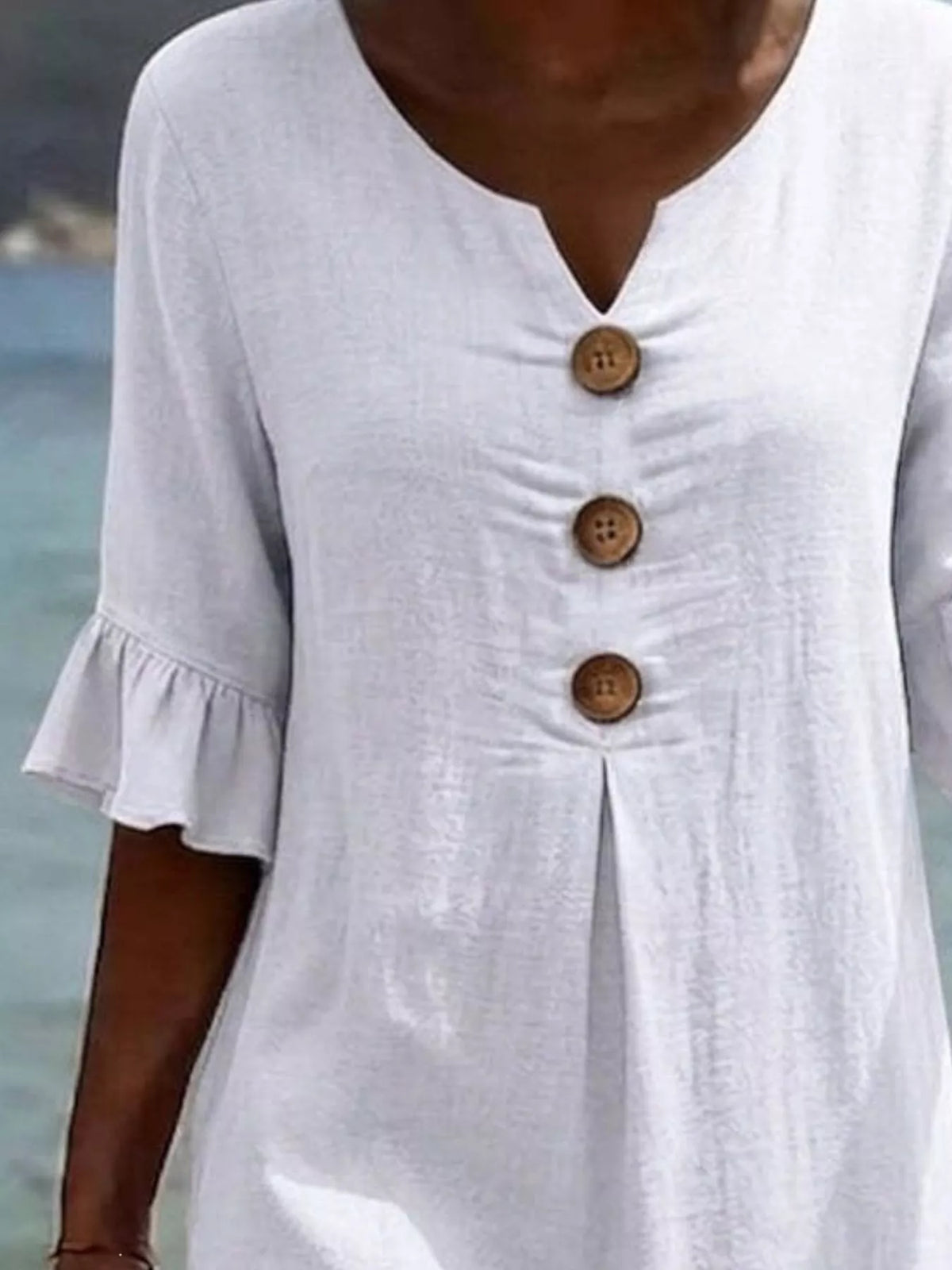 Ruffle sleeve midi dress shown from the side