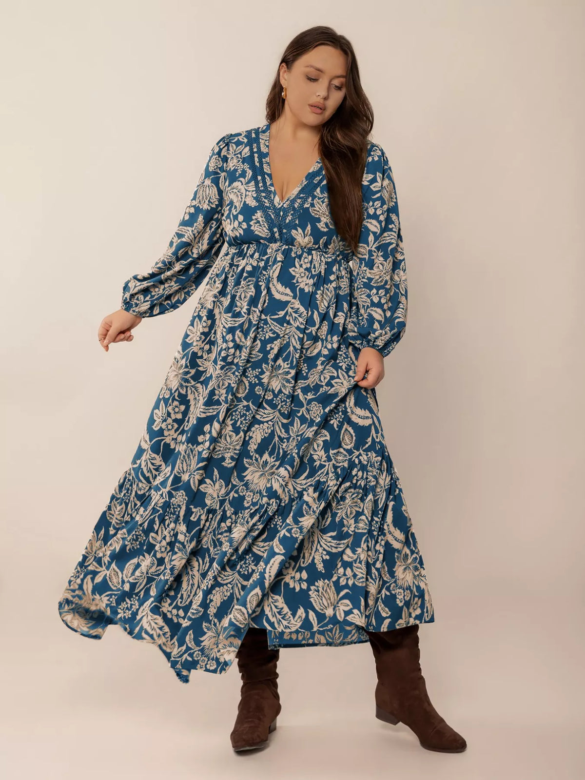 Peacock Blue plus size boho floral long sleeve maxi dress, fabric and print close up
