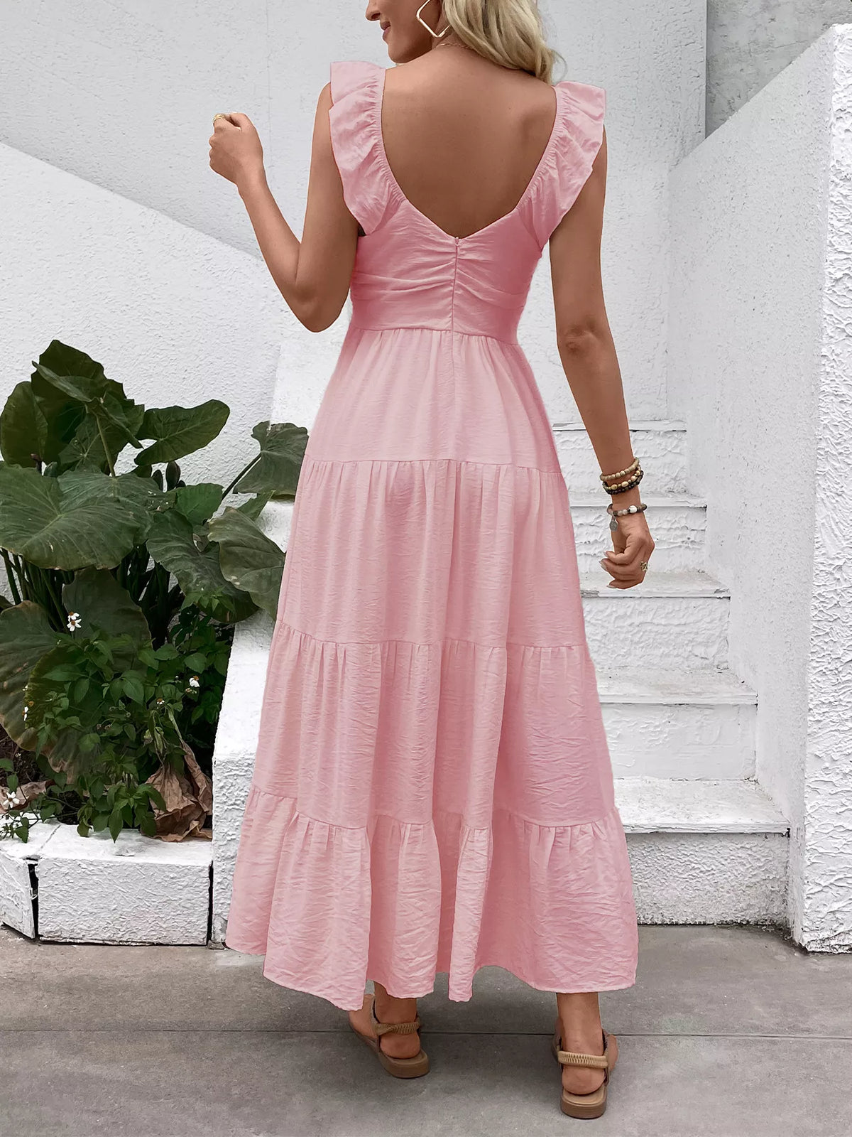V neck tiered flutter sleeve maxi dress detail view