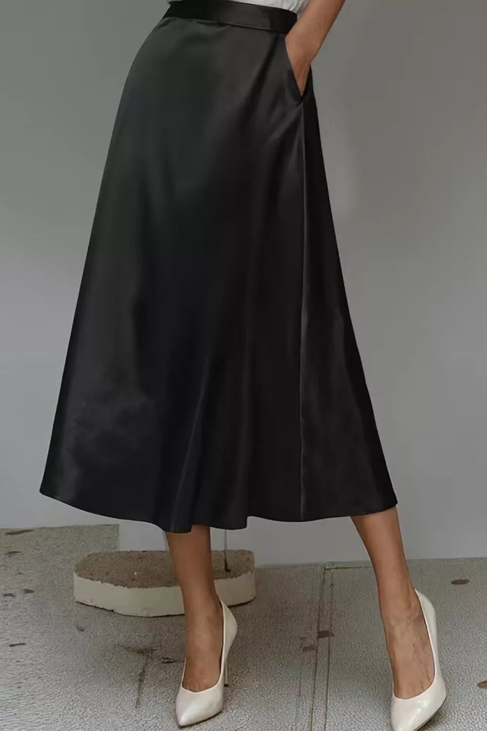 Satin A line midi skirt on model