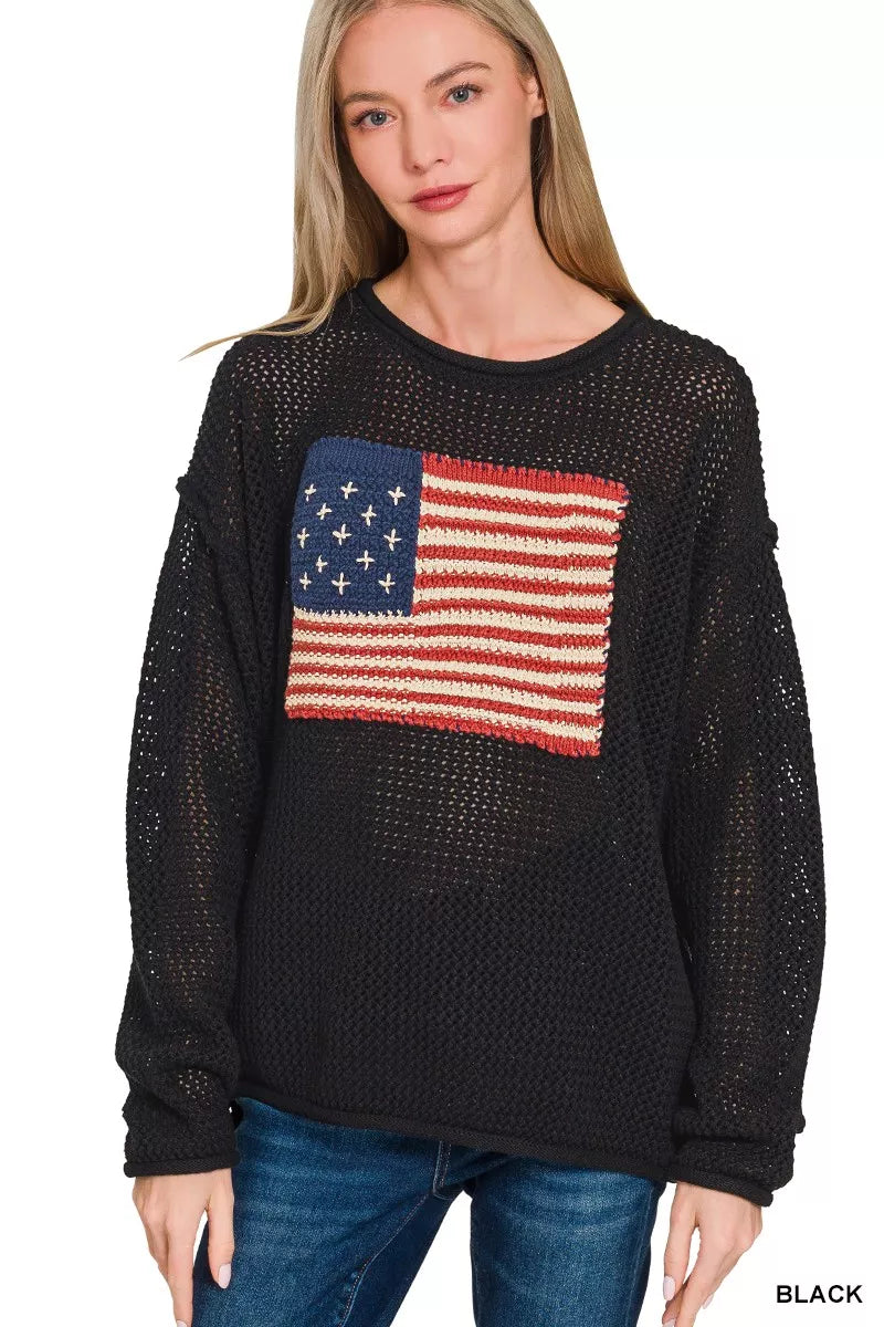 American Flag Print Crew Neck Sweater in Black