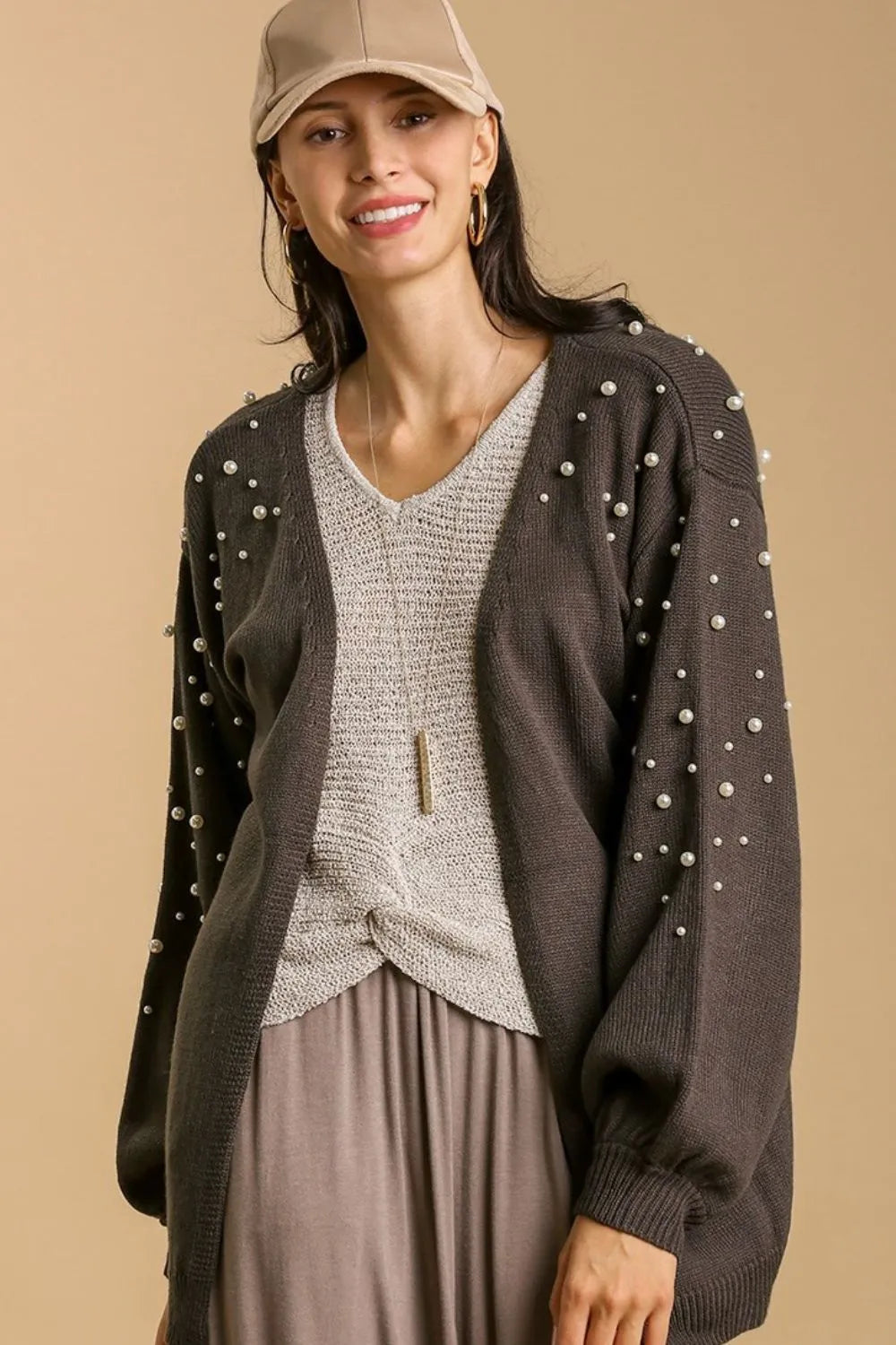 Umgee Full Size Open Front Cardigan with Long Sleeve Pearl Details Plus Size - Fashorio