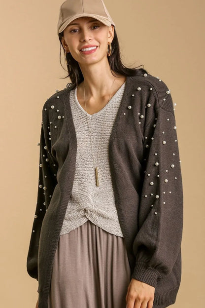 Umgee Full Size Open Front Cardigan with Long Sleeve Pearl Details Plus Size - Fashorio