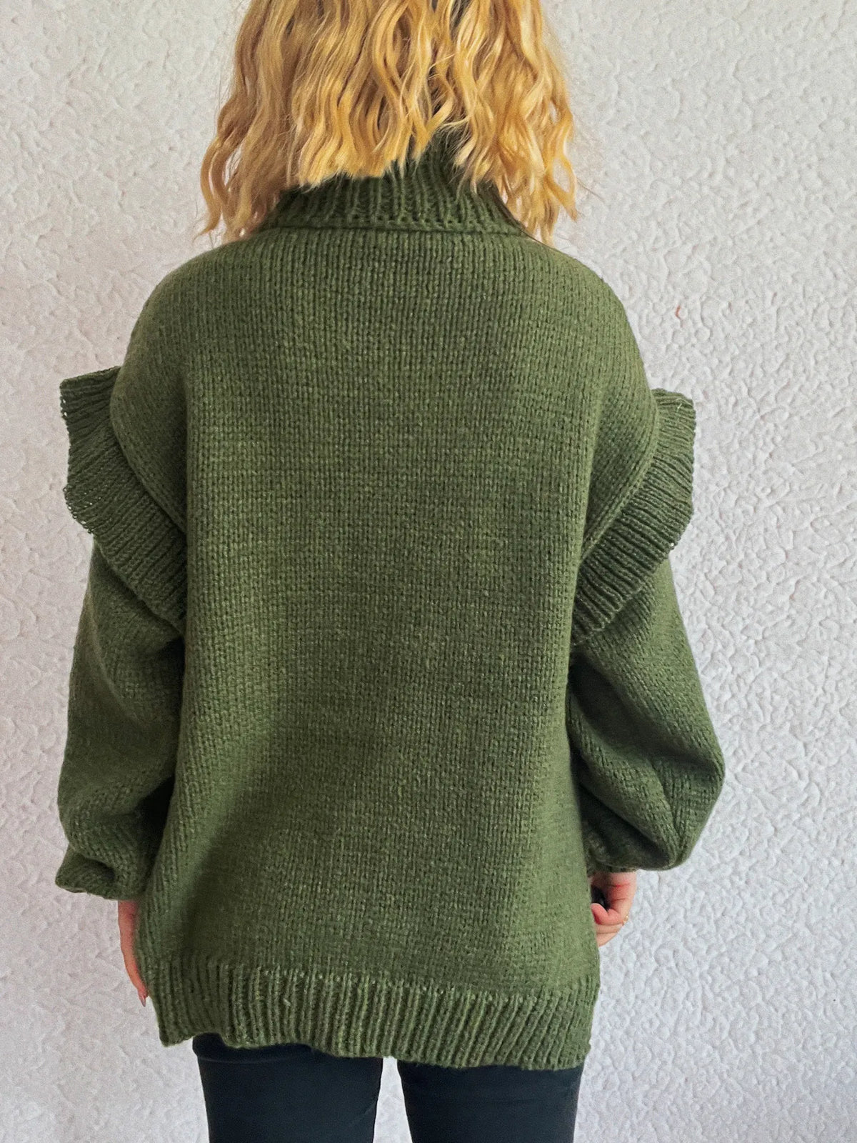 Ruffled turtleneck long sleeve sweater front view